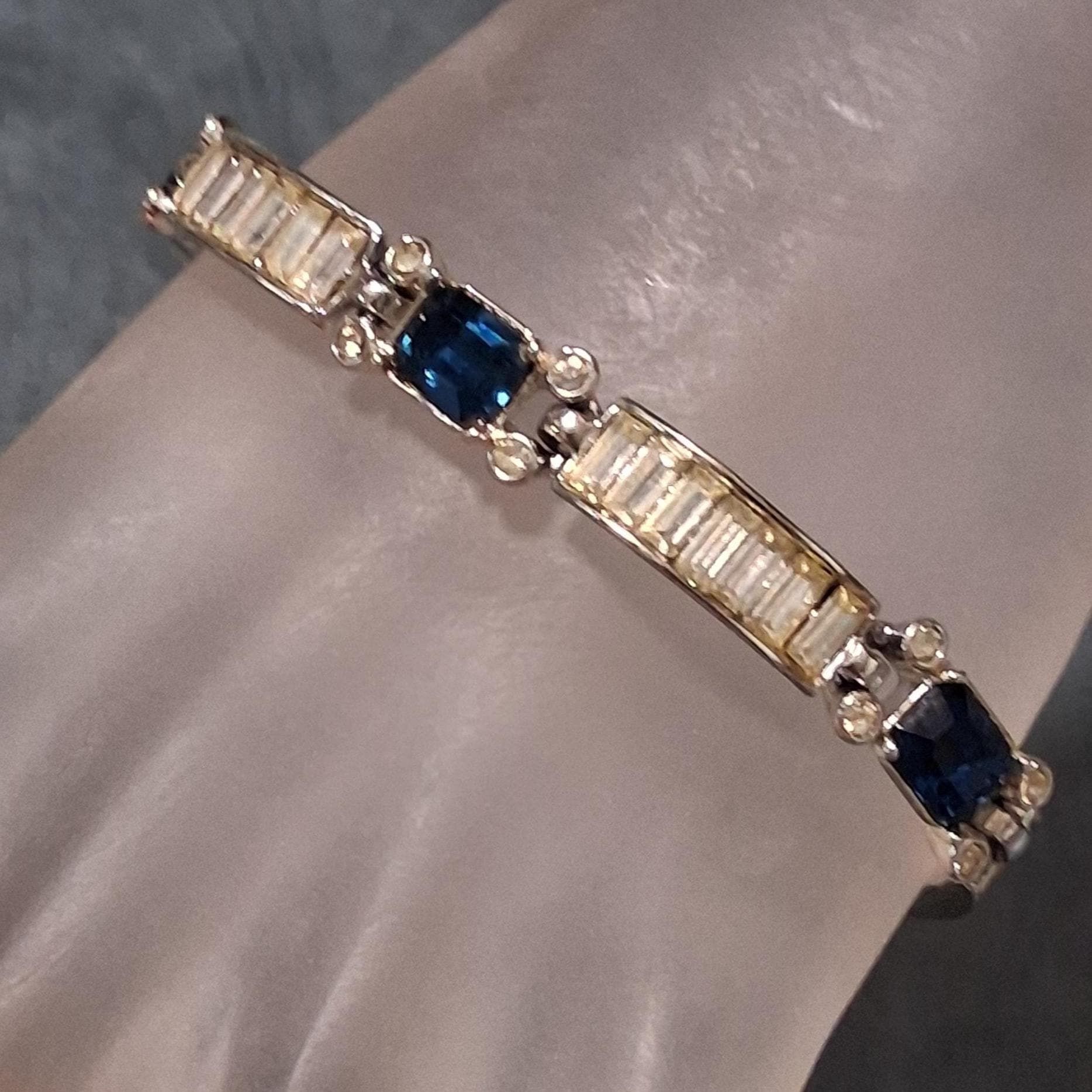 Vintage Rhinestone Bracelet Leru Sapphire Blue Curved Links